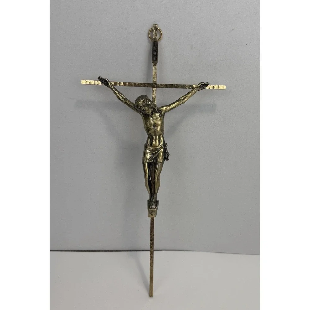 Vintage Gold Brass Tone Metal Wall Hanging Crucifix INRI Cross Jesus 10